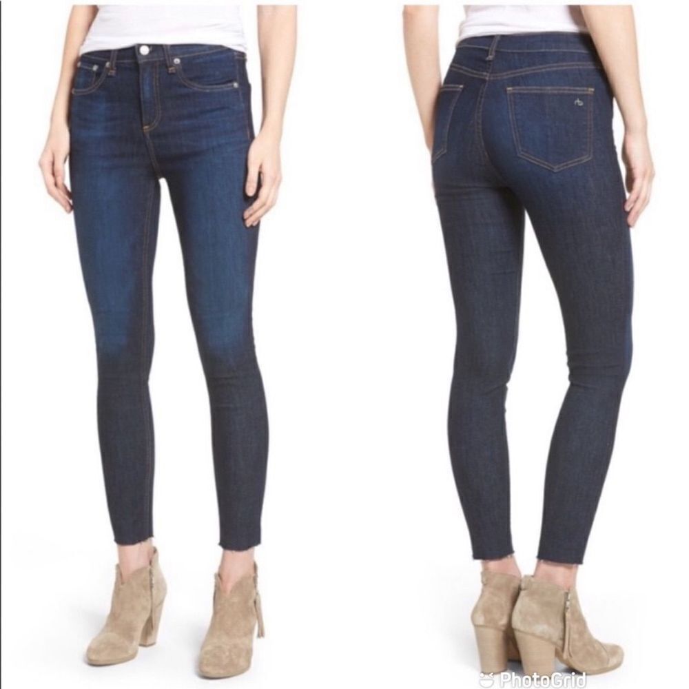 Rag & Bone 10 Inch Ankle Skinny Stretch Denim Dark Wash Raw Hem Jeans